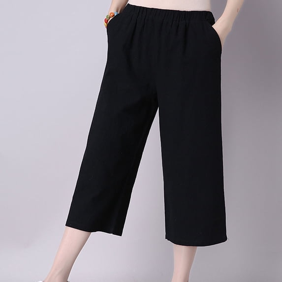 SBYOJLPB Womens Capris Womens Casual Elastic Waist Loose Cotton Linen Trouser Cropped Wide Leg Pants