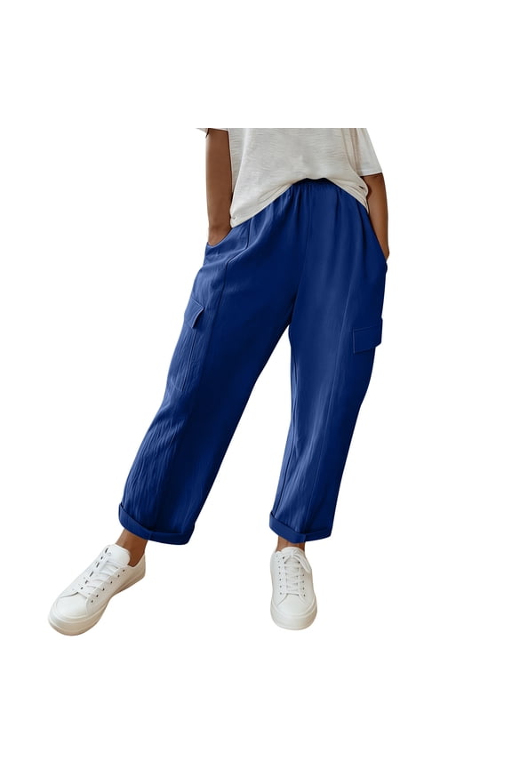 Womens Cargo Casual Pants with Multi-Pocket Solid Color Trousers and Rolled Cuff Hem Elastic Waistband Cargo Pants