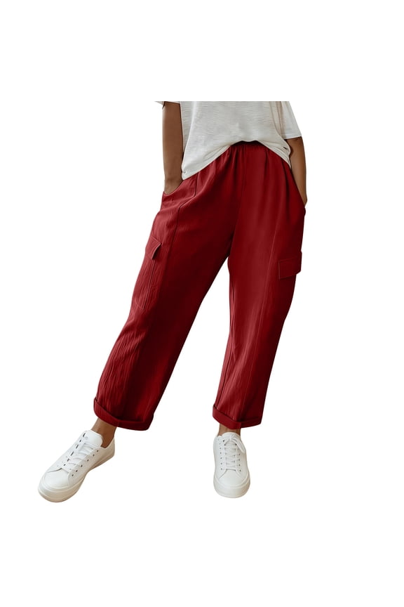 Womens Cargo Casual Pants with Multi-Pocket Solid Color Trousers and Rolled Cuff Hem Elastic Waistband Cargo Pants