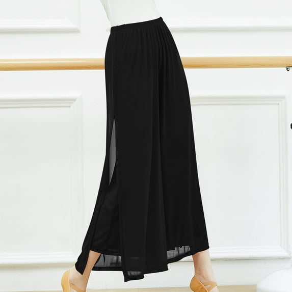 SBYOJLPB Womens Chiffon High Waist Palazzo Dressy Pants Flare Elastic Waist Culottes Trousers Pant Black 8(L)