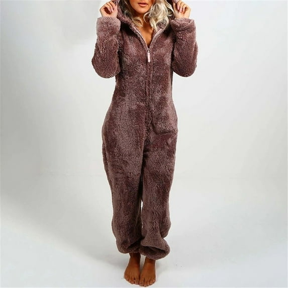 SBYOJLPB Womens Fleece Onesies Pajamas Jumpsuit Warm Sherpa Romper Sleepwear One Piece Zipper Hooded Playsuit Loungewear Coffee 10(XL)