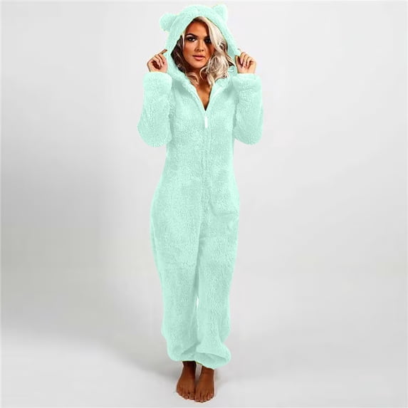 SBYOJLPB Womens Fleece Onesies Pajamas Jumpsuit Warm Sherpa Romper Sleepwear One Piece Zipper Hooded Playsuit Loungewear Mint Green 4(S)
