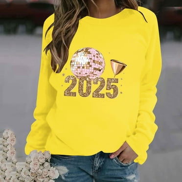 SBYOJLPB Womens Long Sleeve Basic Crop Tops 2025 New Year Women's Printed Shoulder Long Sleeved Casual Pullover Top Sweatshirt Long Sleeved Round Neck Top Yellow 10(XL)