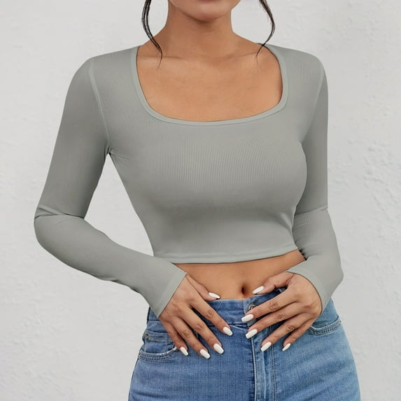 SBYOJLPB Womens Long Sleeve Basic Crop Tops Women's Loose Long Sleeve Round Neck T-Shirt Bottoming Top Gray 2(XS)