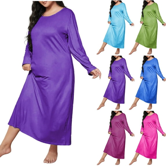 Mother's Day Gifts Womens Long Sleeve Nightgown Dress Plus Size Solid Color Round Neck Ankle-Length Hem Soft Loose Nightwear For Comfortable Lounging Home Wear Nightgown