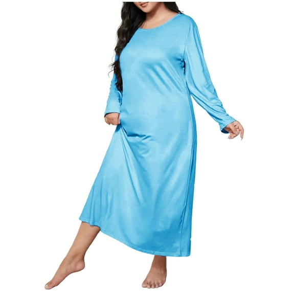 Mother's Day Gifts Womens Long Sleeve Nightgown Dress Plus Size Solid Color Round Neck Ankle-Length Hem Soft Loose Nightwear For Comfortable Lounging Home Wear Nightgown