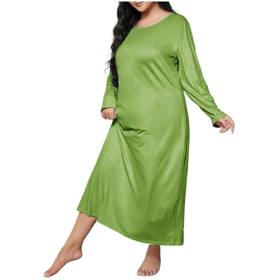 Mother's Day Gifts Womens Long Sleeve Nightgown Dress Plus Size Solid Color Round Neck Ankle-Length Hem Soft Loose Nightwear For Comfortable Lounging Home Wear Nightgown