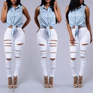 SBYOJLPB Womens Pants Clearance Women Mid Waisted Skinny Hole Denim Jeans Stretch Slim Pants Calf Length Jeans Rollbacks