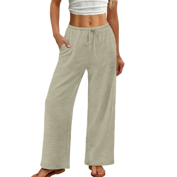SBYOJLPB Womens Pants Solid Color Casual Drawstring Elastic Waist Loose Straight Wide Leg Trousers with Pockets Pants