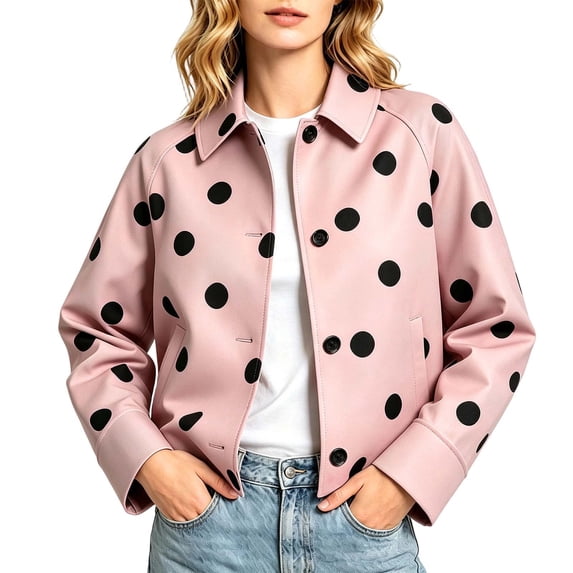 SBYOJLPB Womens Polka Dot Coats Long Sleeve Lapel Button Waterproof Casual Short Coat for Cozy Everyday Wear