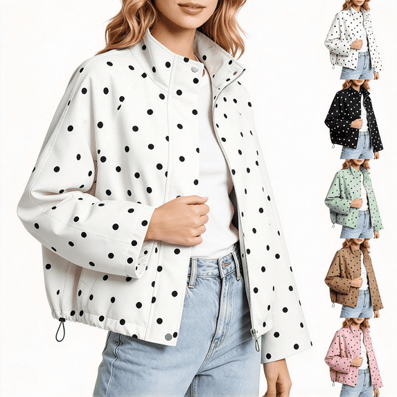 SBYOJLPB Womens Polka Dot Coats Long Sleeve Zipper Waterproof Casual Coat with Cozy Everyday Wear