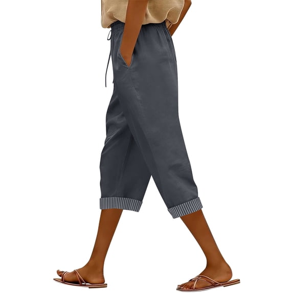 SBYOJLPB Womens Summer Capri Pants with Pockets Elastic Drawstring Waist and Cuffed Hem Stripe Design Soft Casual Trousers
