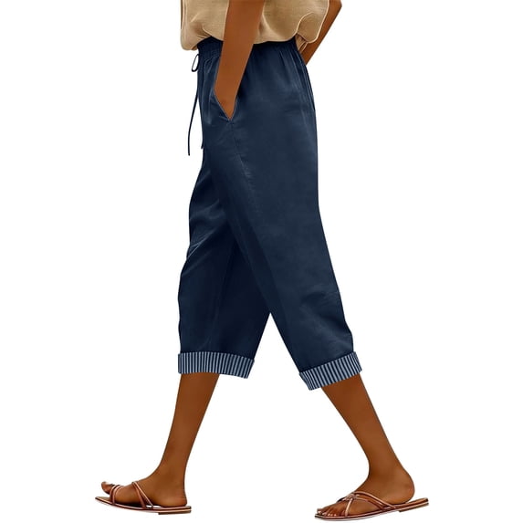 SBYOJLPB Womens Summer Capri Pants with Pockets Elastic Drawstring Waist and Cuffed Hem Stripe Design Soft Casual Trousers