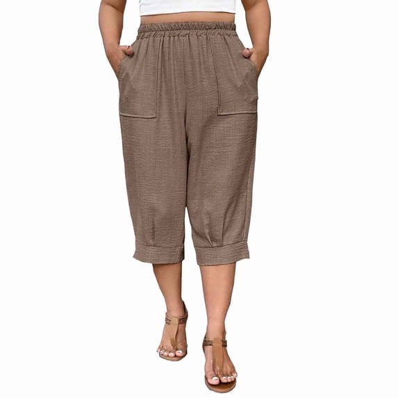 SBYOJLPB Womens Summer Capris Pants Casual Solid-colored Large-size Cropped Pants with Pockets