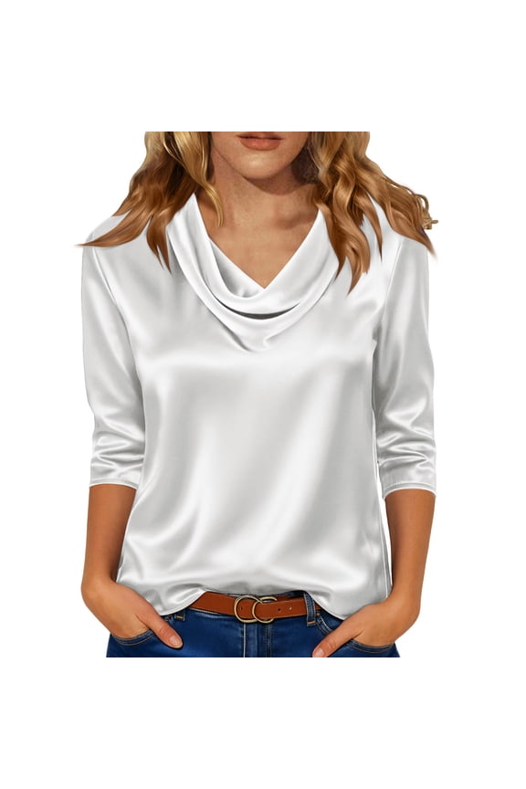 Womens Three-Quarter Sleeve Tops Solid Color Draped Neckline Pleated Collar Satin Sleeve Shirt Top
