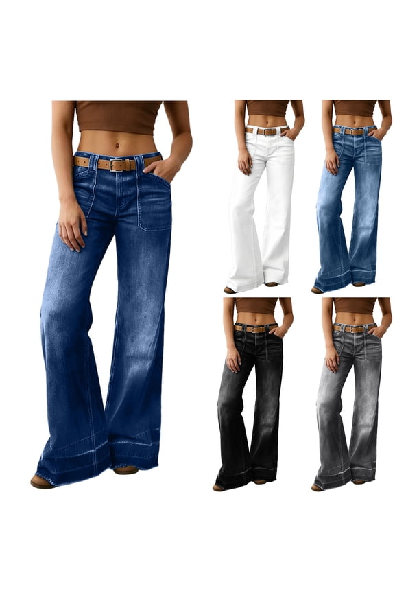 Womens Wide-Leg Bootcut Jeans Solid Color High-Waist Loose Bell-Bottoms Denim Pants Casual Everyday Outfits