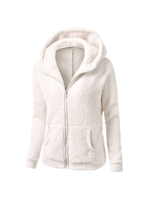 Zip Up Hoodie Women Women Hooded Sweater Coat Winter Warm Wool Zipper Coat Long Sleeve Outwear White XL(10)