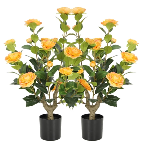 RosyHaven 2Pack 2ft Artificial Camellia Tree with Realistic Orange Flowers, 24"Fake Camellia Tree, Faux Camellia Tree outdoor with Camellia Flowers for Front Door Porch Patio Garden Yard Pool Room De