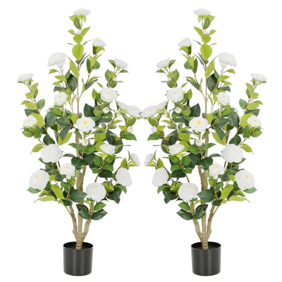 RosyHaven 2Pack 4ft Artificial Camellia Tree with Realistic White Flowers, 48"Fake Camellia Tree, Faux Camellia Tree outdoor with Camellia Flowers for Front Door Porch Patio Garden Yard Pool Room Dec