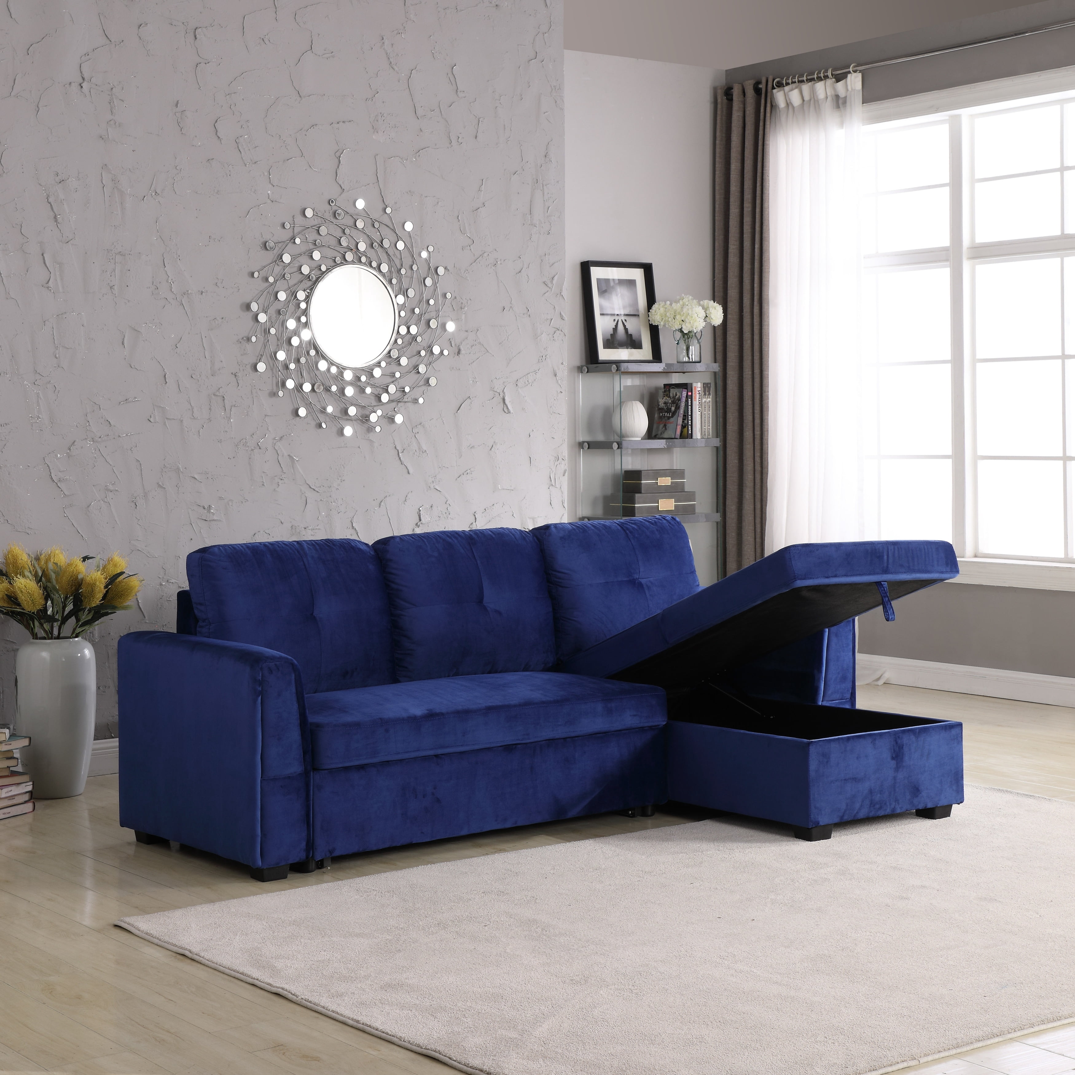 SC 91'' Wide Velvet Storage Sectional Reversible Sleeper Sofa & Chaise ...