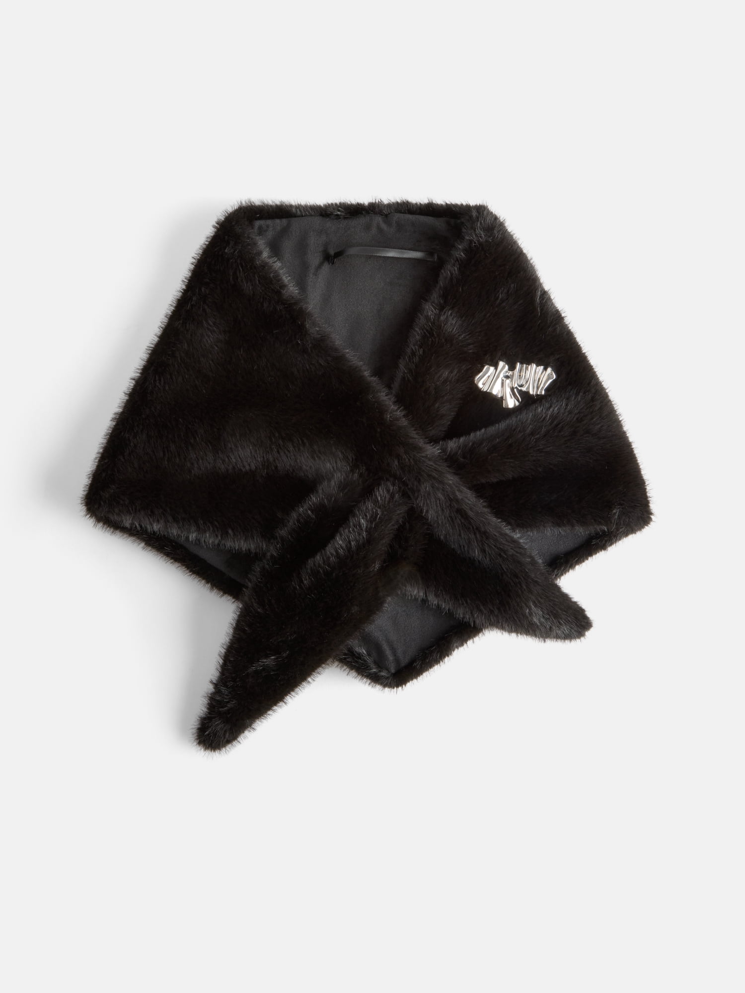Scoop Women's Faux Fur Triangle Scarf with Brooch, Black Soot