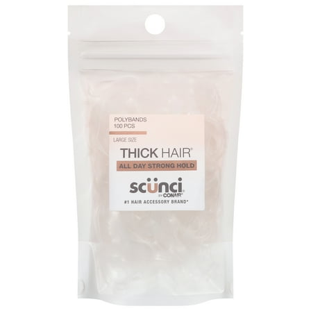 Scunci Thick Hair Polyband Ponytail Hair Ties, Clear, 100 Count