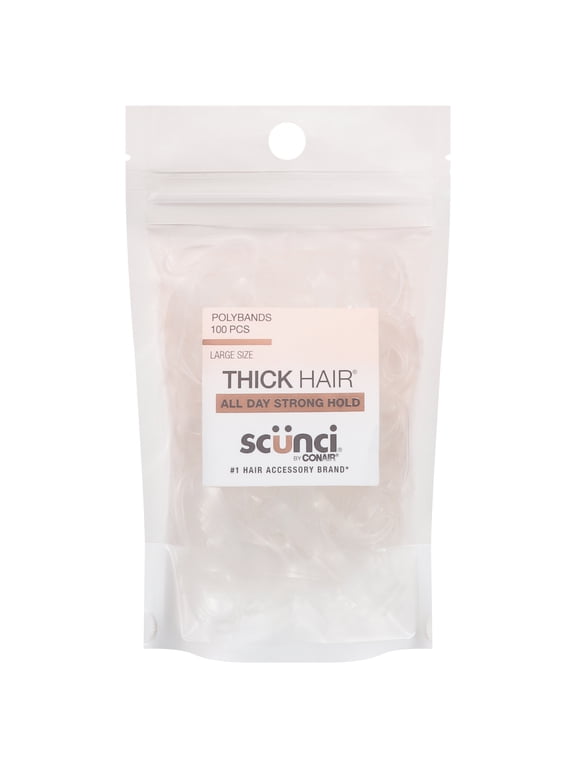 Scunci Thick Hair Polyband Ponytail Hair Ties, Clear, 100 Count