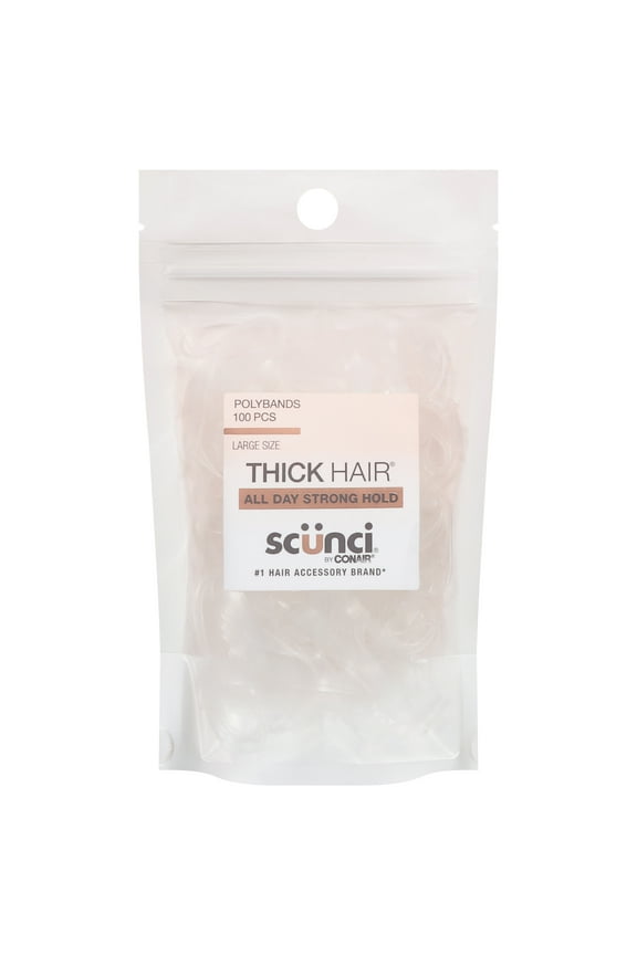 Thick Hair Polyband Ponytail Hair Ties, Clear, 100 Count