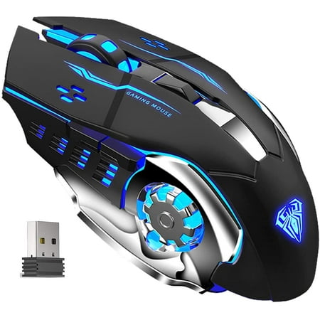 SC100 Silent Wireless Gaming Mouse Rechargeable, with Side Buttons, LED Backlit, DPI Adjustable, 2.4G Wireless Optical Computer Mice Punk Cool Mouse for Games/Work (Black)