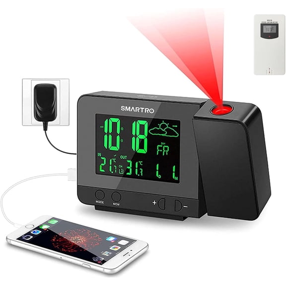 SC31B Digital Projection Alarm Clock with Weather Station | Indoor Outdoor Thermometer for Bedrooms, USB Charger, AC Battery Operated