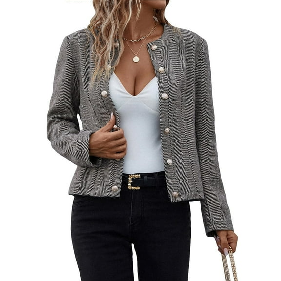 SCACTO Women's Blazer Outwear Double Breasted Knit Round Neck Office Jacket