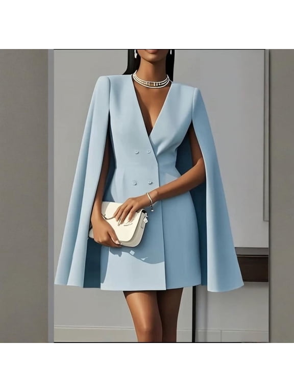 Women's Cape Blazer Dress Elegant Solid Double-Breasted V-Neck Long Sleeve for Formal Banquet Outfit