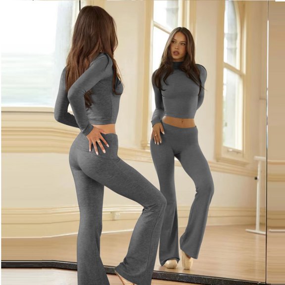 SCACTO Women's Long Sleeve 2-Piece Sports Suit, High Waisted Flared Pants Leisure Streetwear