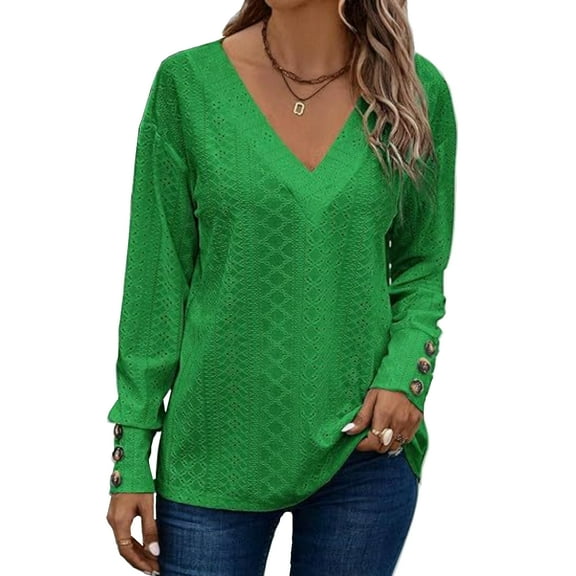 SCACTO Women's V Neck Long Sleeve Eyelet Top, Fall Casual Loose Blouse