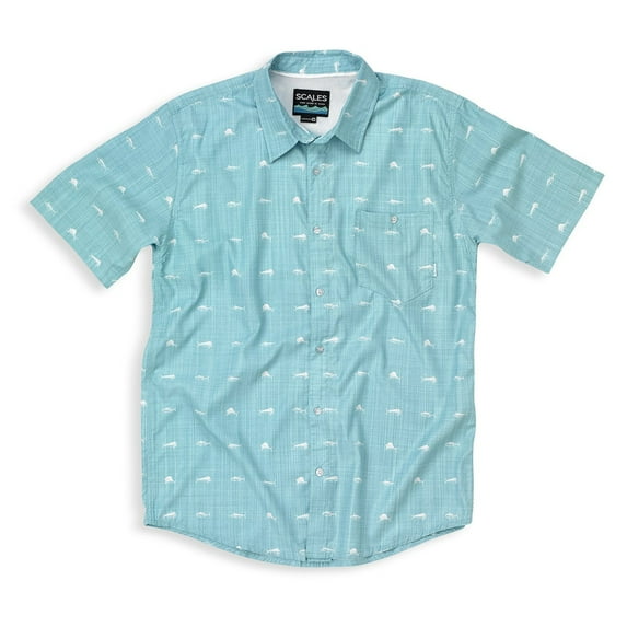 SCALES Clean Fish Performance Short Sleeve Button Down Heather Seafoam, 2XLarge Buttondown Shirt