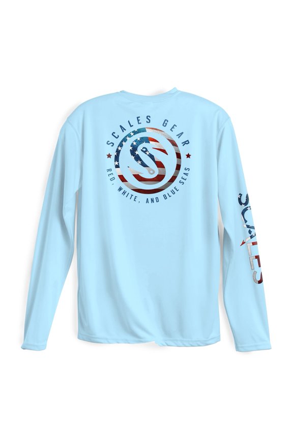 SCALES Men's Blue Seas Sleeve Performance Shirt Light Blue, Small Long Sleeve Shirt