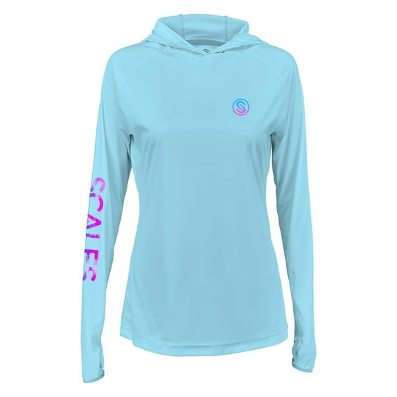 SCALES Tide Dye Flyer Womens Hooded Performance Shirt Light Blue, XLarge Hoodie