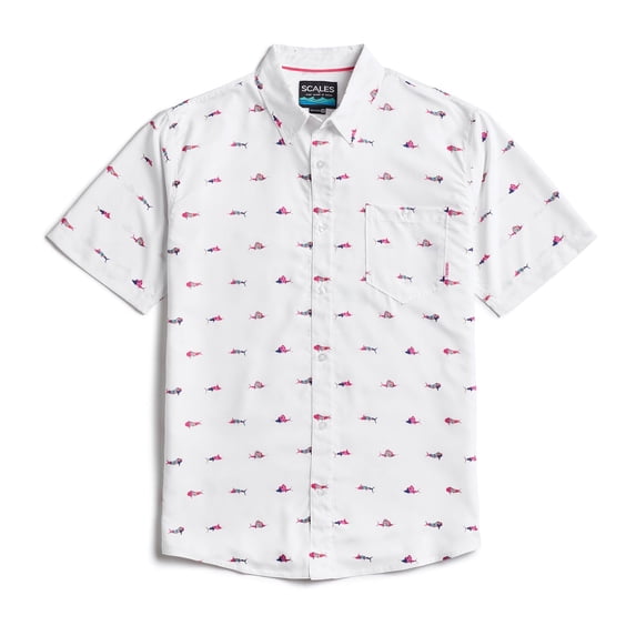 SCALES Trippy Fish Short Sleeve Button Down White, XLarge Buttondown Shirt