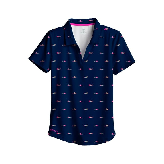 SCALES Trippy Fish Womens Short Sleeve Polo Navy, Small