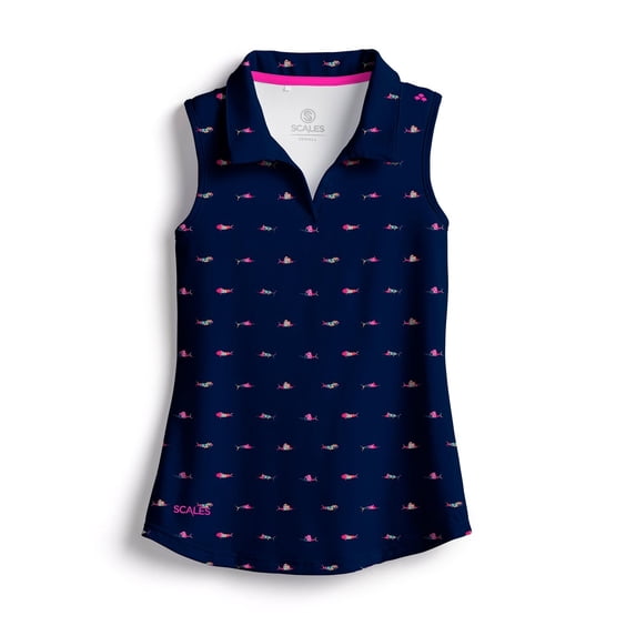 SCALES Trippy Fish Womens Sleeveless Polo Navy, Medium