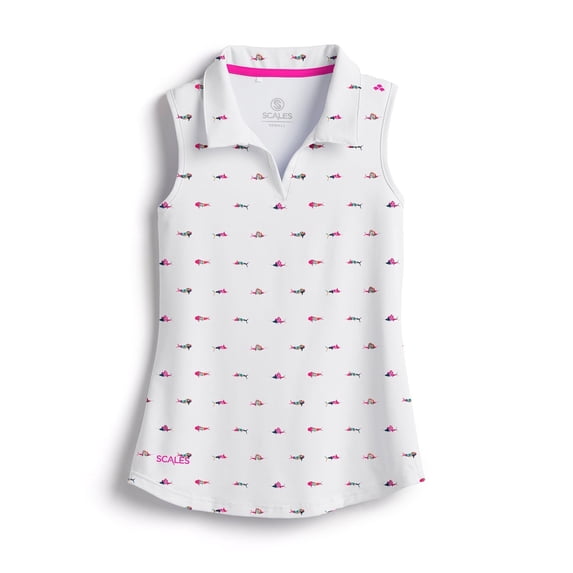 SCALES Trippy Fish Womens Sleeveless Polo White, Small