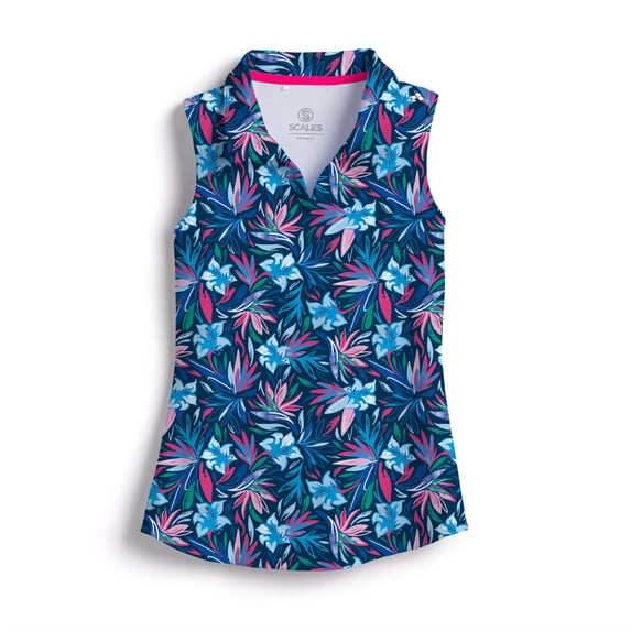 SCALES Wild Flowers Womens Sleeveless Polo Marine, XSmall