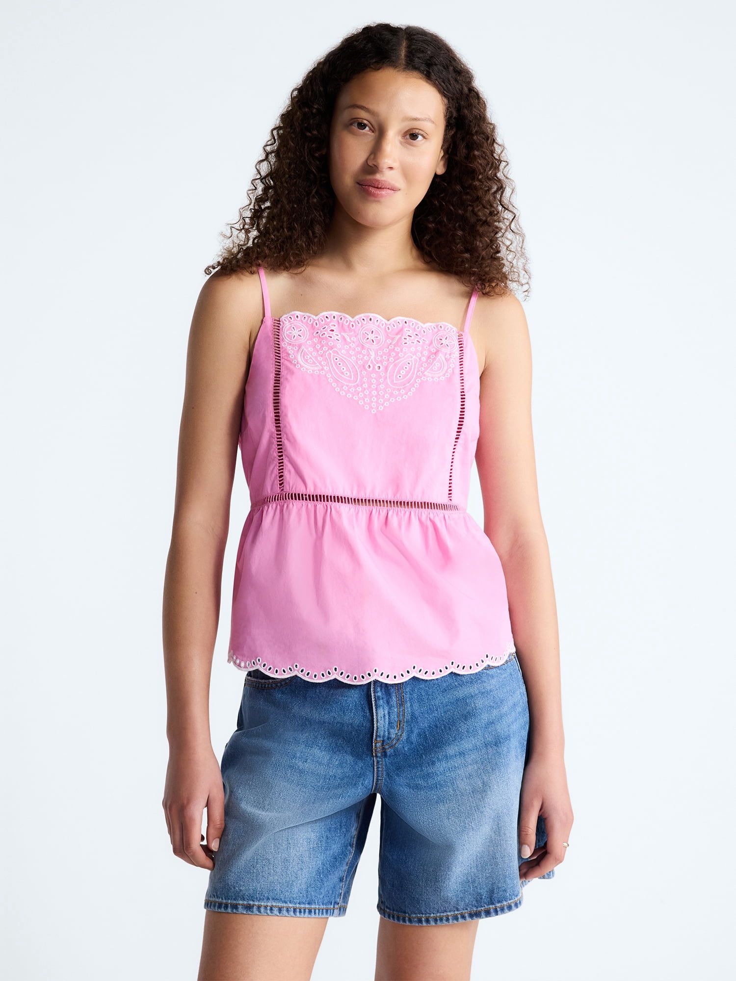 Free Assembly Women's Embroidered Cotton Tank Top with Peplum Hem, Sizes XS-XXL