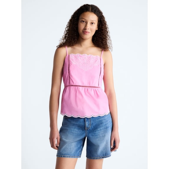 Free Assembly Women's Embroidered Cotton Tank Top with Peplum Hem, Sizes XS-XXL
