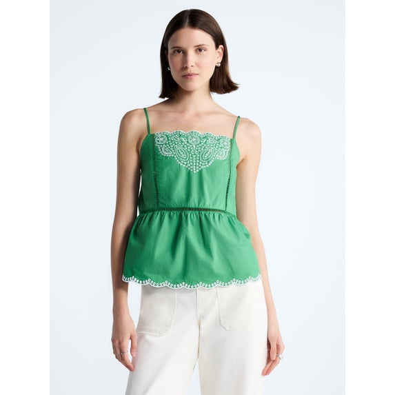 Free Assembly Women's Embroidered Cotton Tank Top with Peplum Hem, Sizes XS-XXL