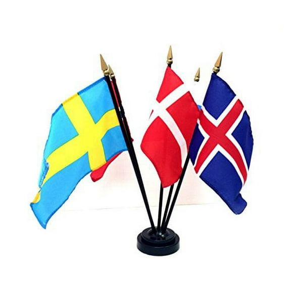 SCANDINAVIA FLAGS- SET of 5 Rayon 4"x6" Flags with a 5-hole base, 4x6 Miniature Scandinavian Desk & Table Flags, Small Mini Stick Flags