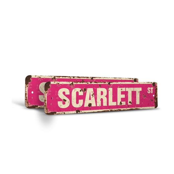 SCARLETT Vintage Style Rustic Street Sign – (2 Pack) Childrens Name Room Sign Retro Decorative Wall Sign for Home, Bar, Garage, or Outdoor Use | 4" X 18" Plastic Road Sign