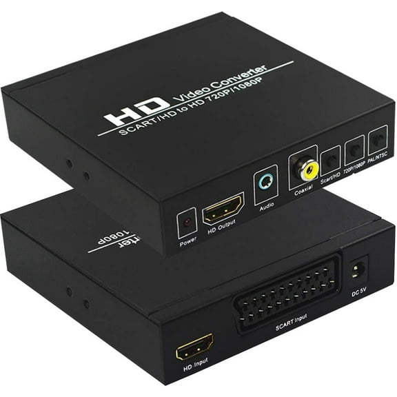 SCART to HDMI, Scart Converter Video Audio Box, HD Video Converter Scart to HDMI Adapter with PAL/NTSC Video Scaler, 1080P/720P Support HDMI, 3.5mm Coaxial Audio Out for TV and DVD Player
