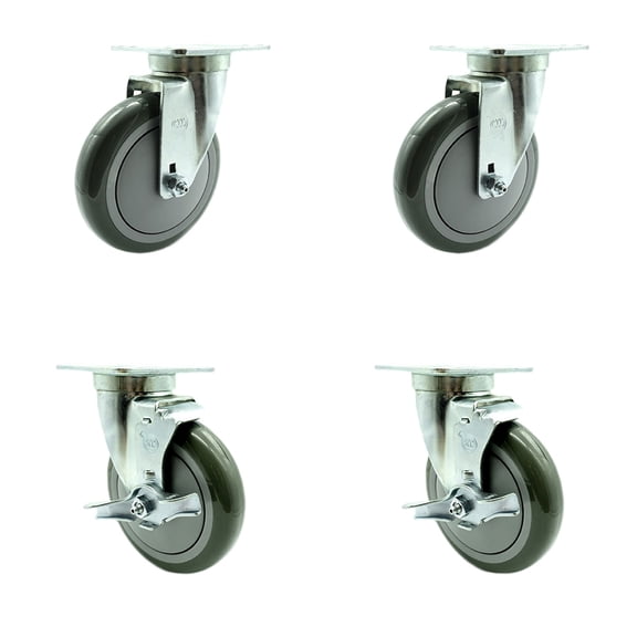 SCC 5" x 1.25" Gray Polyurethane Wheel Caster Set 4 -2 Swivel/2 Swivel w/Brakes