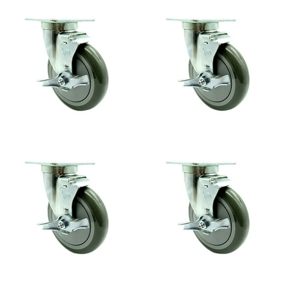 SCC - 5" x 1.25" Gray Polyurethane Wheel Swivel Casters w/Brake - Set of 4